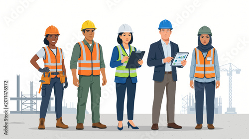 Fotografie Diverse team of construction workers and engineers with safety gear and blueprints standing at a building site project
