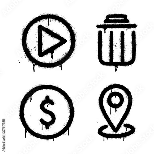Urban spray paint icon collection play video trash can coin and location pin