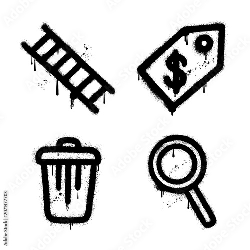 Set of spray painted web icons ladder price tag trash can and magnifying glass