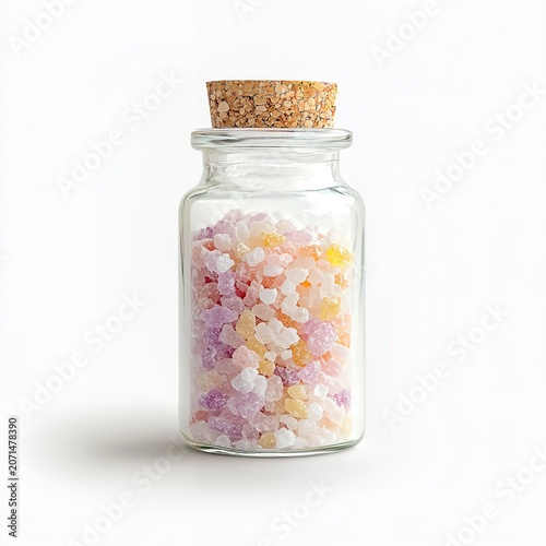 Colorful bath salts in glass bottle with cork stopper