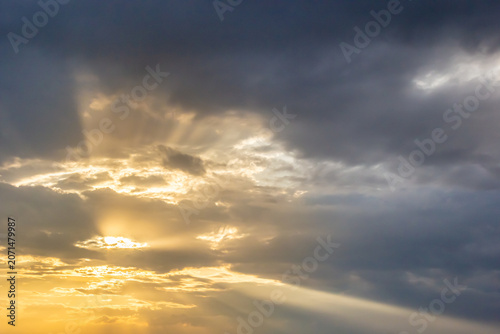 Horizon panorama and dramatic twilight sky and cloud sunset background. Natural sky background texture, beautiful color. Dark clouds, big storm and rain. Weather and nature concept