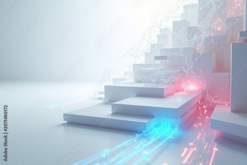 Fototapeta premium Modern Abstract Staircase with Interconnected Glowing Lines Representing Digital Flow