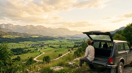 A peaceful view from behind of a traveler relaxing in a car—devoid of manufacturer logos—while on a road trip, overlooking a beautiful, lush green valley (includes negative space/copy space).
