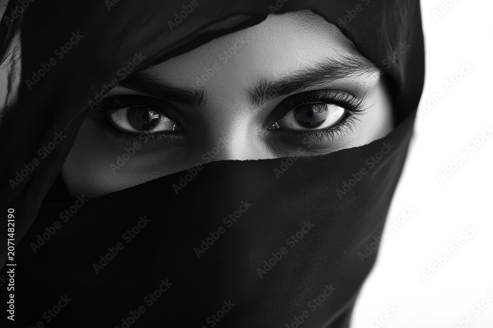 Naklejka premium Closeup portrait of a woman with intense eyes wearing a black hijab, emphasizing her gaze and traditional head covering in a dramatic monochrome style