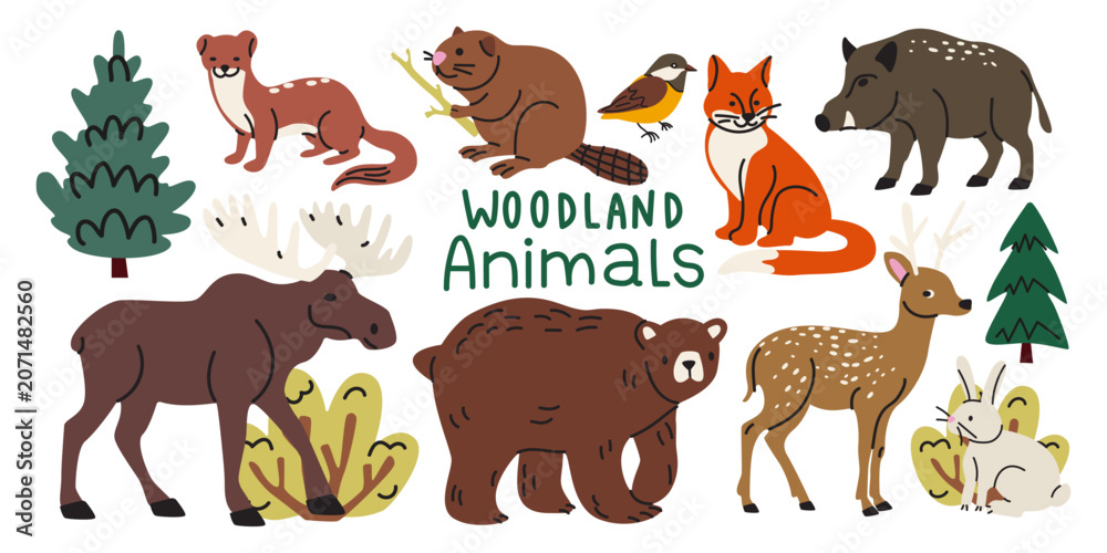 Obraz premium Cute woodland animals collection in cartoon doodle style. Forest wildlife collection with bear, fox, deer, rabbit, beaver, boar, moose and trees. Autumn wild nature vector illustration