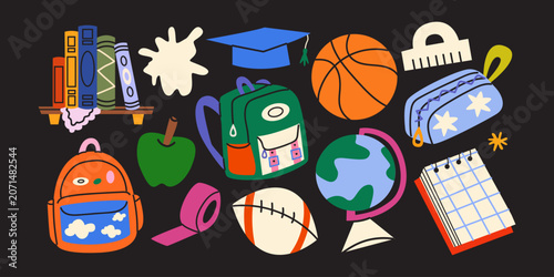 Fotografie Back to school educational elements set with schoolbag, books, globe, basketball, notebook and stationery in cartoon retro style