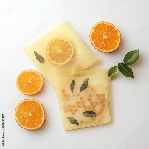 Wrapped soap bars with orange slices and herbs on white background