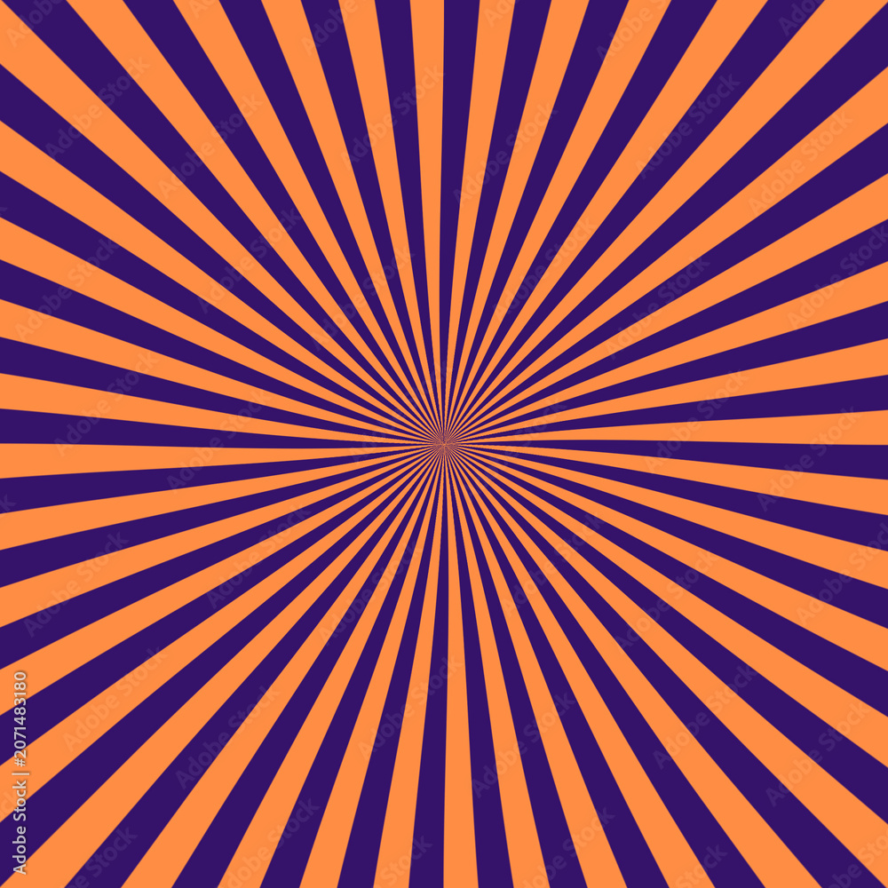 Fototapeta premium Vibrant orange and dark purple sunburst pattern featuring radiating lines that create a dynamic retro style graphic background design element