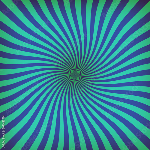 Konstfotografi Vibrant swirling sunburst pattern featuring deep blue and bright green curved ra