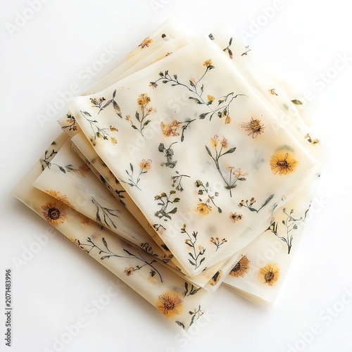 Stacked floral soap bars on white background