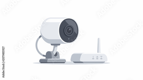 A security camera and a wireless router on a plain surface