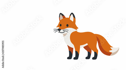 A vibrant orange fox with white and black markings stands on a plain white background
