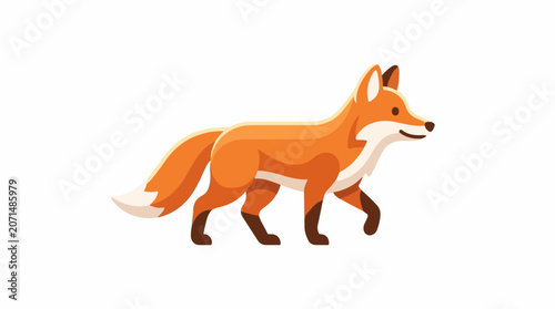 A vibrant orange fox with white markings walks to the right