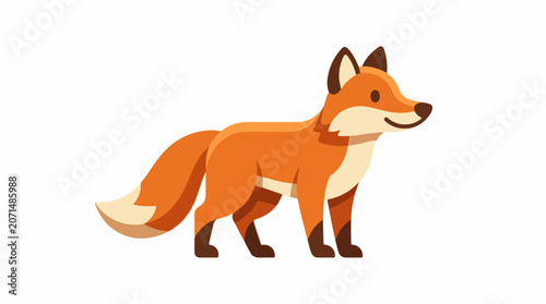 A vibrant orange fox with white and brown accents stands against a plain white background