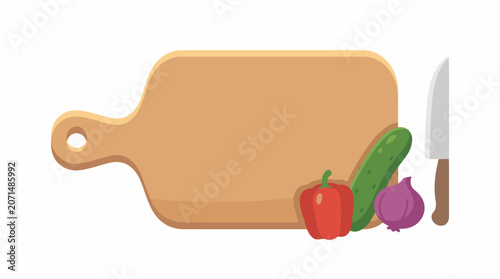 A wooden cutting board with a knife and vegetables