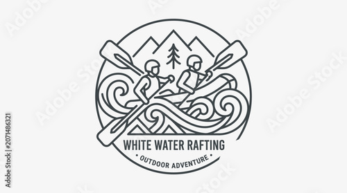 White Water Rafting Vector Graphic Illustration with Mountains and River Waves, Outdoor Adventure