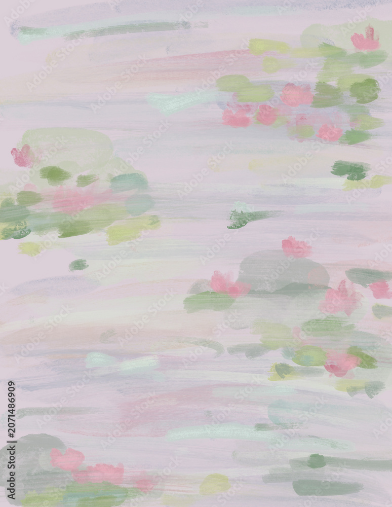 Fototapeta premium Soft Watercolor Pond Texture Background with Water Lilies and Floral Reflections