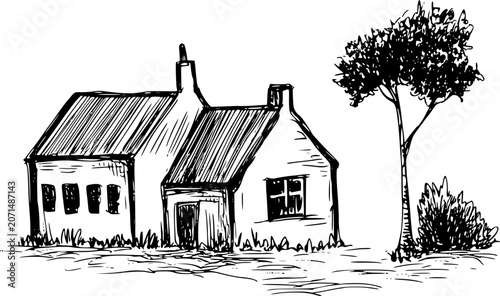 Foto Hand-drawn of a quaint cottage with a tree and bushes