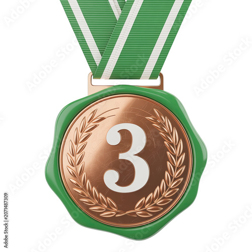 Close-up of Bronze Medal with Number 3 and Green Ribbon