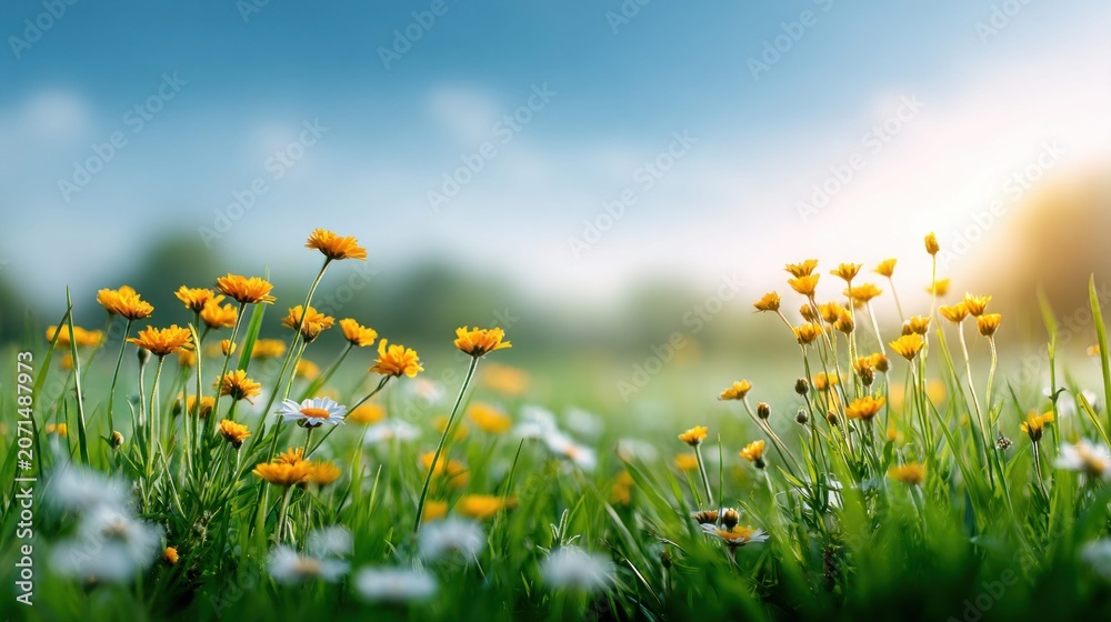 Fototapeta premium Golden light illuminates a field of beautiful wildflowers