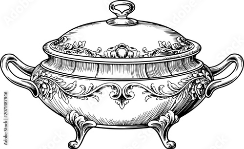 Tableau sur toile Ornate vintage serving tureen with handles and lid, detailed
