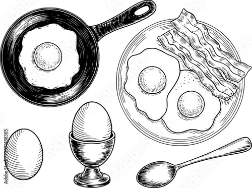 Quadro em tela Vintage of a hearty breakfast fried eggs, bacon, and boiled egg