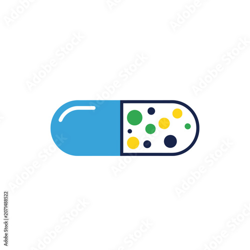A blue and white capsule with colorful dots.