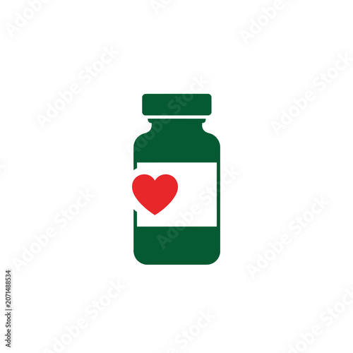 Green medicine bottle with heart label.