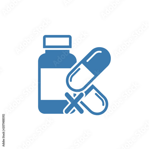 Blue icon of medicine bottle and capsules.