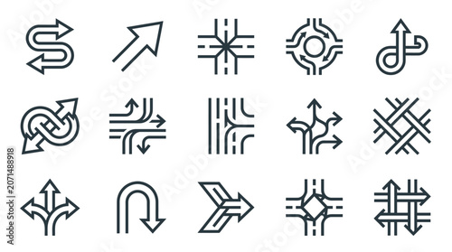 Set of road direction and traffic arrow icons showing intersections, junctions, roundabouts, and navigation pathways in thin line style