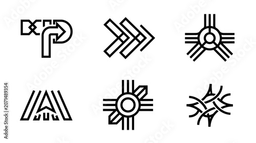 Minimalist black and white road junction and arrow navigation line icon set