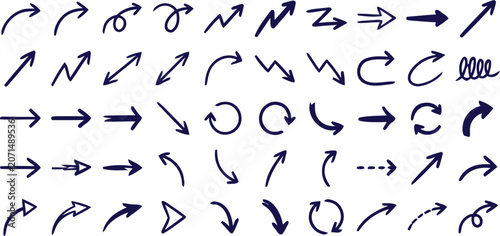 Dark blue hand drawn arrows and pointer symbols vector illustration set. Minimalist navy outline and sketch style directional cursors, indicators, and loops isolated on white background.