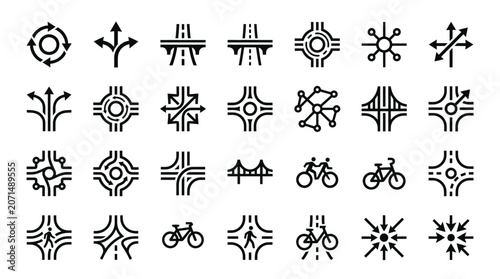 Collection of vector icons representing different types of road junctions, traffic circles, and transportation symbols