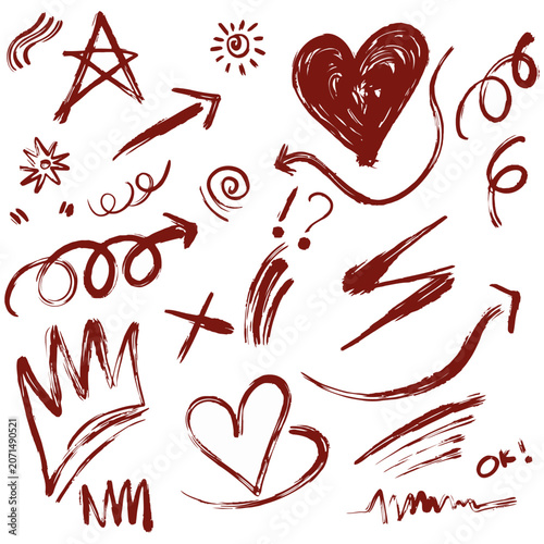 Set of hand drawn red crayon doodle elements vector illustration, cute sketch pack with hearts, stars, crown, arrows and exclamation marks isolated on white background for design decoration