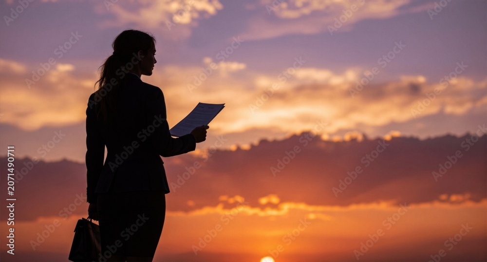 Obraz premium Silhouette of Woman Reading Document at Sunset Over Clouds