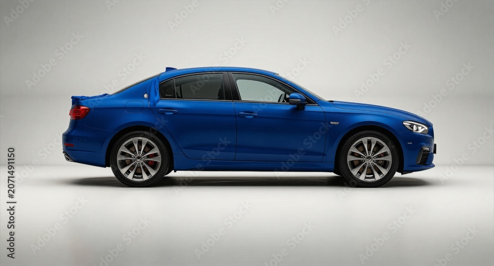 Fototapeta premium Blue Sedan Side Profile Studio Shot Luxury Car