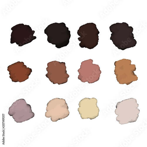 Set of abstract human skin tone color swatches vector illustration, isolated watercolor blob collection with shades of nude, beige, brown, and dark skin tones on white background