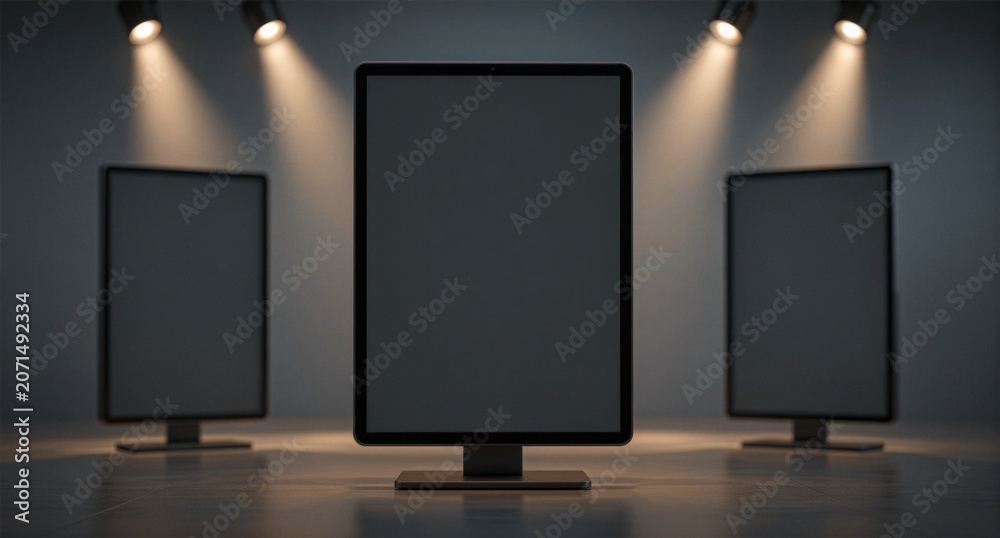 Fototapeta premium Modern Minimalist Office Setup with Multiple Blank Monitors and Dramatic Lighting