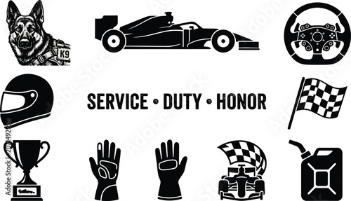 Professional formula race car trophy helmet and checkered flag graphic illustration set