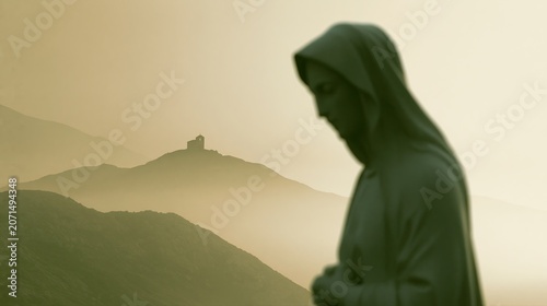 Our Lady of Mount Carmel Statue with Chapel Silhouette on Mountain at Sunrise, Spiritual Christian Background