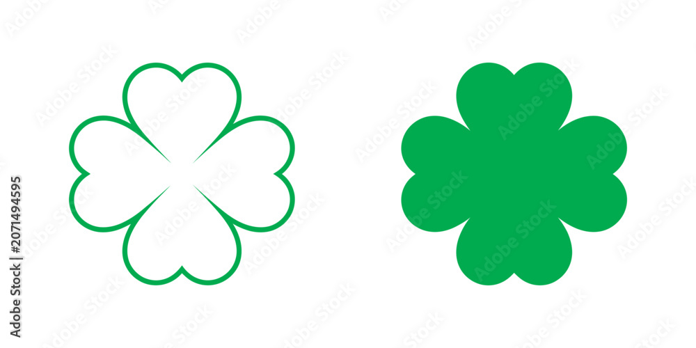Fototapeta premium Four leaf clover icons, Saint patricks day luck symbols, green shamrock collection, vector set, good fortune design elements