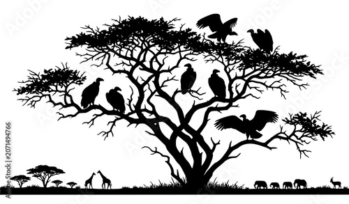 Foto African Safari Silhouette Vector Illustration Featuring Vultures Perched and Nes