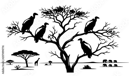 Tableau sur toile African Savannah Landscape Vector Silhouette Featuring Vultures Perched on an Ac