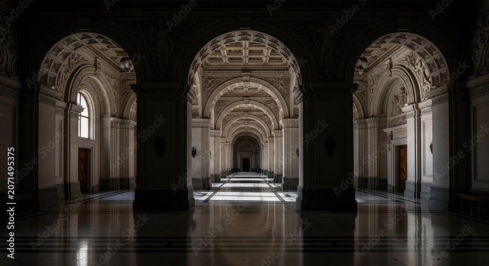 Obraz premium Symmetric arched hall with reflected light on floor.
