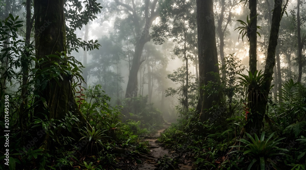 Fototapeta premium Misty Morning Tropical Jungle Forest With Fog and Atmospheric Natural Light