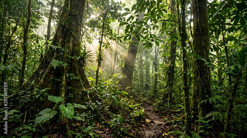 Sunlight Rays Passing Through Dense Tropical Rainforest Canopy With Lush Green Vegetation