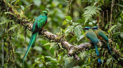 Colorful Tropical Birds Sitting on Tree Branch Inside Lush Rainforest Jungle