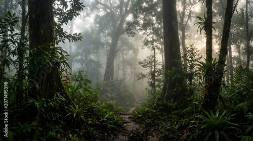 Misty Morning Tropical Jungle Forest With Fog and Atmospheric Natural Light