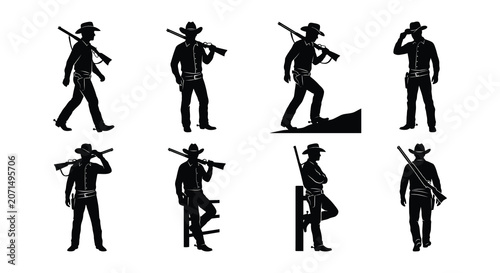 Billede på lærred Cowboy Silhouettes With Rifles Black Vector Illustration On White Background