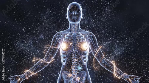 Futuristic scientific concept showing a glowing human body with neural energy flows, digital anatomy and cosmic particles symbolizing biotechnology and advanced medical research.